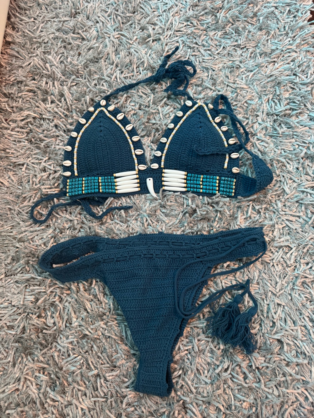 Andi Bagus Handmade Navy Crochet Shell-Embellished Bikini Top & Bottom